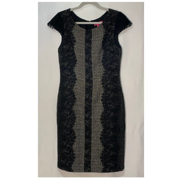 (NWOT) BETSY JOHNSON Lace Trim Sheath Dress, Black/Tweed - 6 - Picture 1 of 8